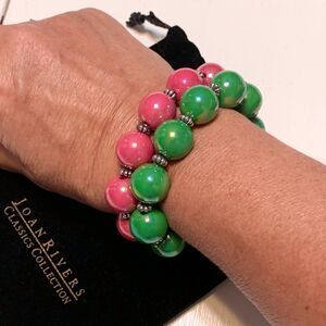 Lot of 2 Vintage Joan Rivers Bracelets Pink Green Globes Stretch Preppy w/ Bag